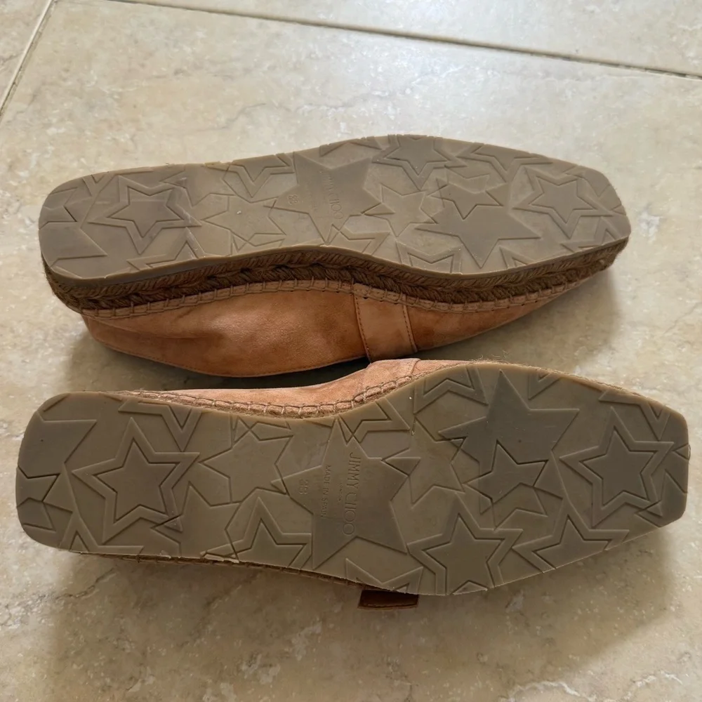 JIMMY CHOO Dru Crystal Embellished Suede Espadrilles Beige Sz 38 EU/8 US